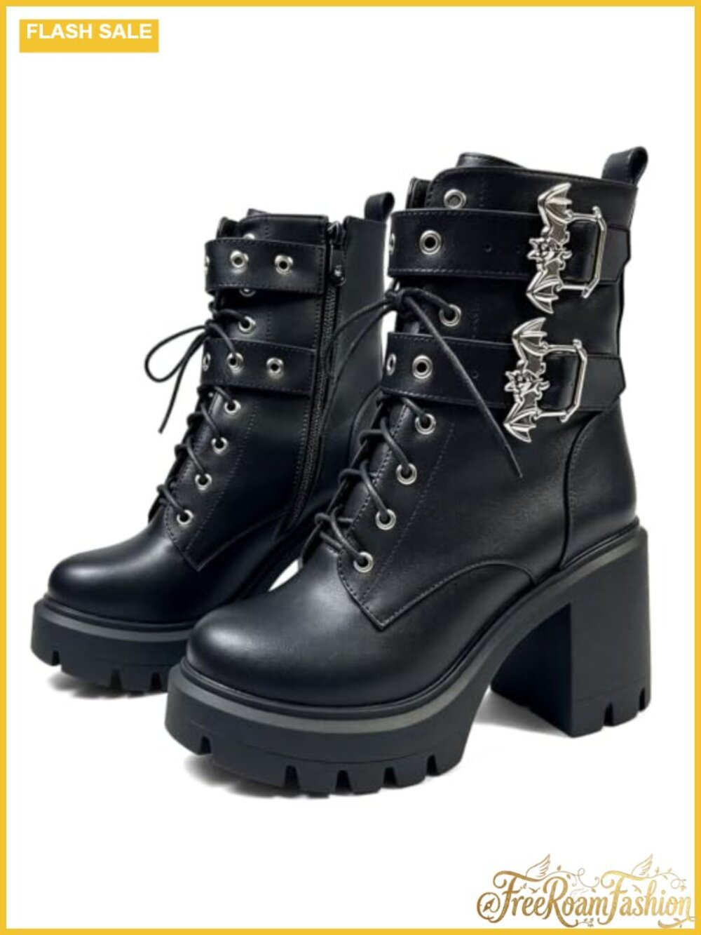 Platform Combat Boots Chunky Heel Ankle Boots Punk Buckle Zipper Lace Up